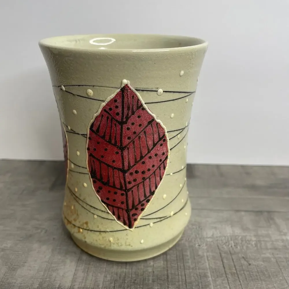 Vintage STEPHANIE KING Studio Art Pottery Creme Burgundy Tribal Leaf
